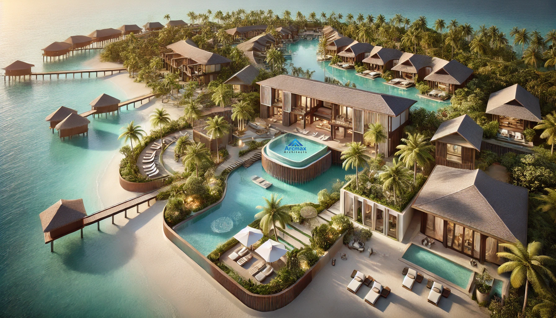 A luxurious tropical resort situated on a pristine beachfront, featuring private overwater villas with infinity pools. The villas have large floor