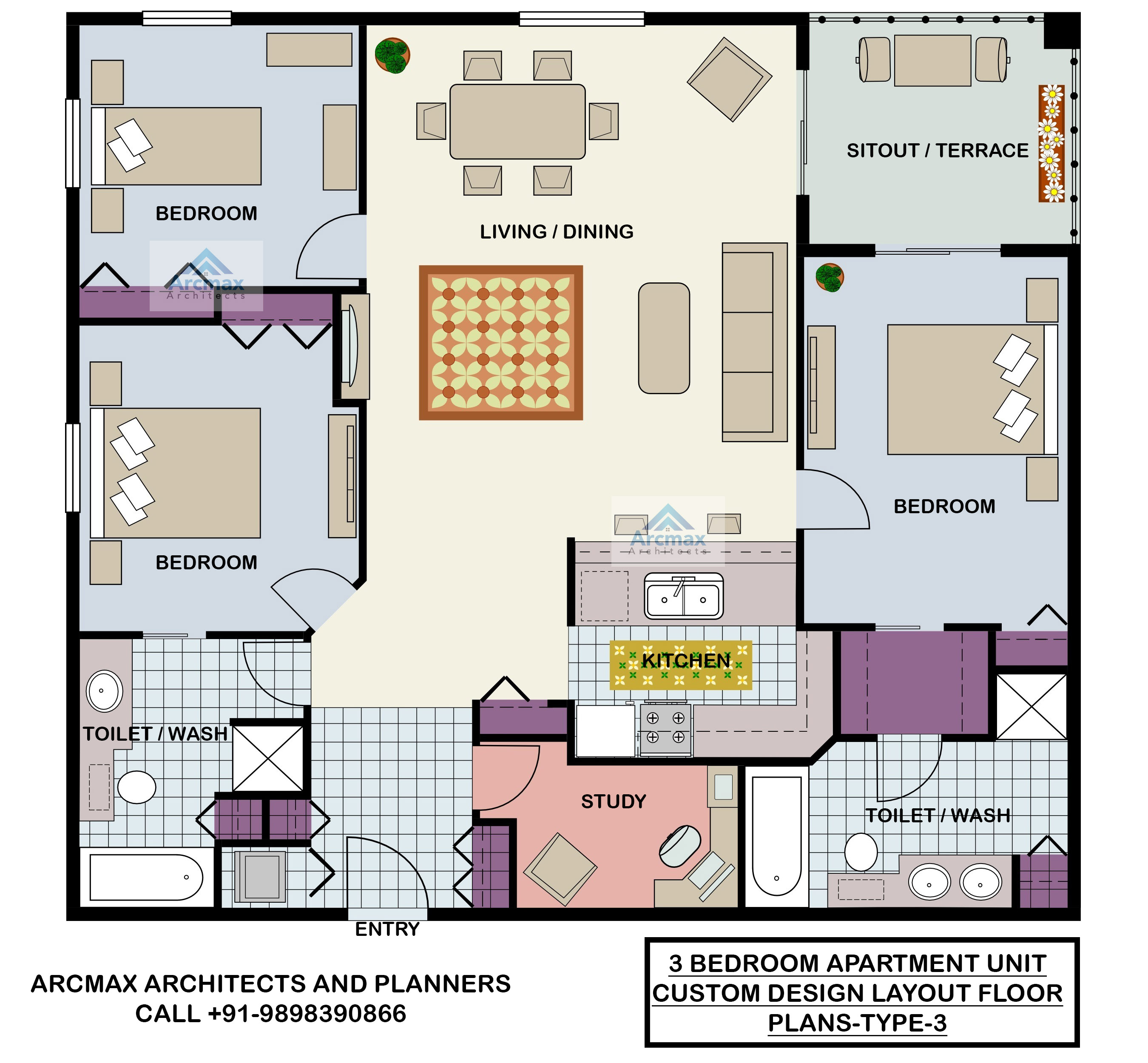 3 Bedroom Apartment Unit Custom Design Layout Floor Plans Type 3 