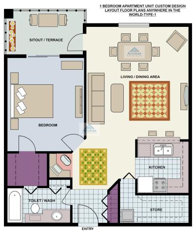 1 BEDROOM APARTMENT UNIT CUSTOM DESIGN LAYOUT FLOOR PLANS ANYWHERE IN THE WORLD-TYPE-1
