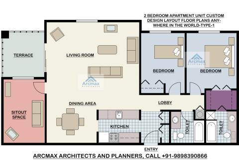 2 BEDROOM APARTMENT UNIT CUSTOM DESIGN LAYOUT FLOOR PLANS ANYWHERE IN THE WORLD-TYPE-1