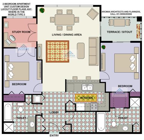 2 BEDROOM APARTMENT UNIT CUSTOM DESIGN LAYOUT FLOOR PLANS ANYWHERE IN THE WORLD-TYPE-3