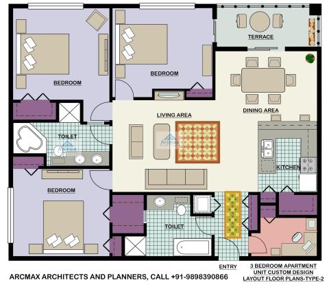 3 BEDROOM APARTMENT UNIT CUSTOM DESIGN LAYOUT FLOOR PLANS-TYPE-2 ANYWHERE IN THE WORLD
