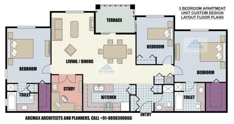 3 BEDROOM APARTMENT UNIT CUSTOM DESIGN LAYOUT FLOOR PLANS ANYWHERE IN THE WORLD